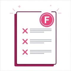 Failed grade exam paper illustration with red marks and f letter