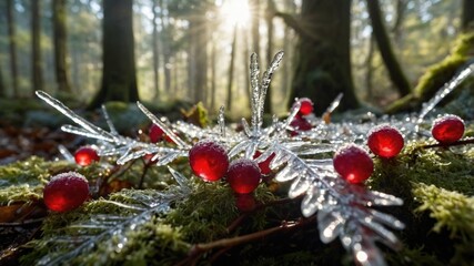 Frost-covered red berries glisten on green ferns in a sunlit forest, creating a serene atmosphere