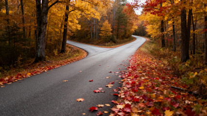 Obraz premium A winding road through a forest in autumn, lined with colorful fallen leaves and trees displaying vibrant fall foliage.