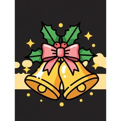 Festive holiday bells illustration with holly and stars on dark background