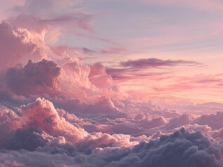 Dreamlike Skyscape Pink Hues Fluffy Clouds Above Horizon Serene Pastel Atmosphere Golden Hour Sunlight Illuminating Cloudscape Gentle Gradient Sky
