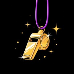 Golden whistle with purple lanyard and sparkles on black background