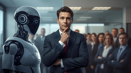 Thoughtful executives considering implementing new ai technology in their organizations. serious leader contemplates future of business and automation with robot