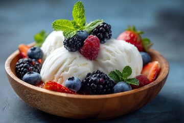 Fresh scoops of vanilla ice cream topped with vibrant berries and mint leaves, presented in a wooden bowl