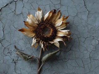 Overhead view of a dried sunflower, faded petals, prominent seed head, resting on cracked gray ground, conveying endurance and natural patterns.