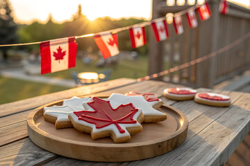 Celebrate Canada Day with maple leaf cookies and fluttering flags. A warm outdoor tribute to Canadian pride, tradition, and sweet moments of unity. generative ai