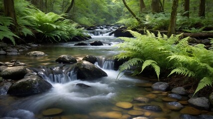 Serene forest stream flowing over smooth stones, surrounded by lush green ferns and trees