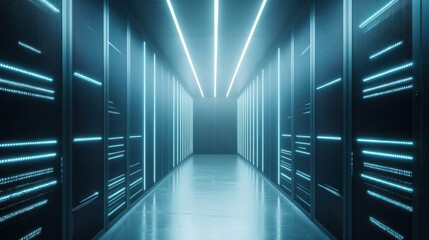 Illuminated hallway with blue lights in a modern data center featuring server racks at night