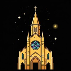Illustrated church at night with stars and a cross symbol