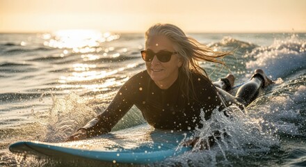 Woman surfing at sunset enjoying the ocean and waves on a warm evening in California