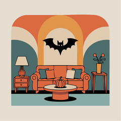 Retro Halloween Living Room Vector Illustration