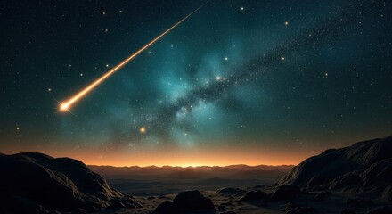 Stunning view of a meteor shower illuminating a starry night sky over distant mountains