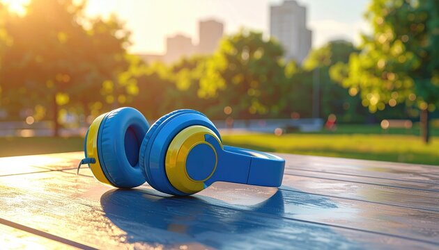 Blue & yellow headphones rest on a wooden table outdoors, bathed in sunlight, with a park and city skyline in the background