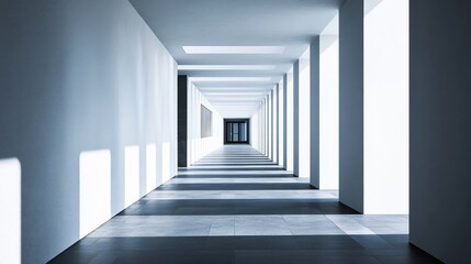 Obraz premium Long corridor with natural light creating dynamic shadows in modern architecture
