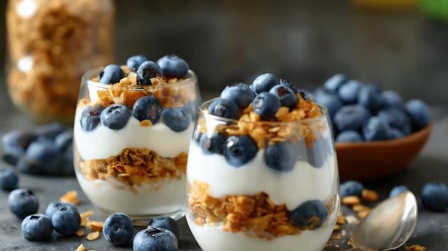 Creamy Blueberry Yogurt Parfait Stacked in Clear Glasses With Crunchy Granola, Fresh Blueberries and Layered White Yogurt on a Rustic Slate Surface, Studio Lighting Highlights Texture and Color