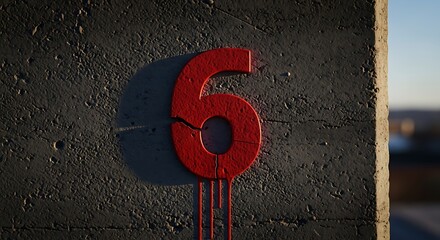 A concrete wall with a red painted number six and dripping paint