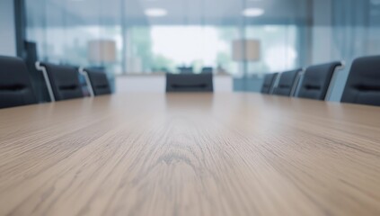 close-up perspective of a meeting table with light wood surface and several dark cushioned chairs around it 