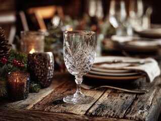 Elegant Holiday Dinner Table Setting Crystal Goblet Rustic Wood Ambiance Candlelight Decor