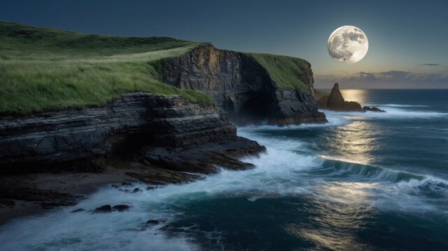 Serene coastal landscape under a full moon, with waves crashing against rocky cliffs at dusk