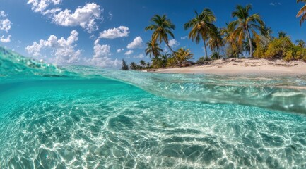 Fototapeta premium Pristine tropical beach, crystal-clear turquoise water, split-level view