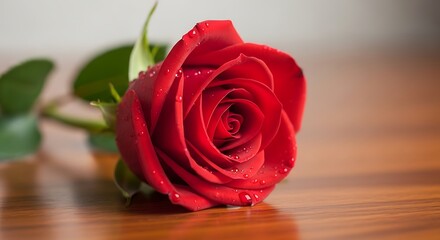 Close up of a single red rose with water droplets on a wooden surface