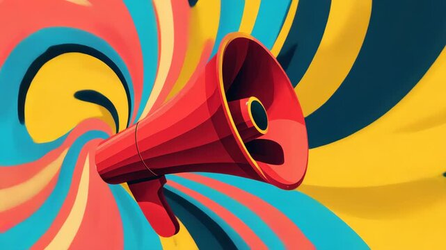 Vibrant Red Megaphone Surrounded By Swirl Of Colorful Abstract Waves In Yellow Blue Turquoise And Orange Creating Dynamic Visual Energy And Evocative Sound Concept For Visual Communication