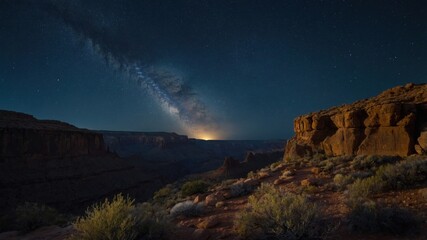 Majestic night sky over canyon landscape with Milky Way, showcasing natural beauty and tranquility