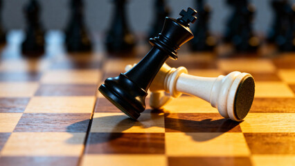 Black and white chess kings toppled on a wooden chessboard, symbolizing defeat or end of a game