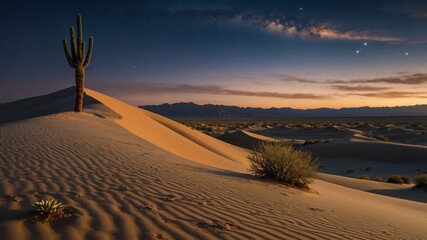 Serene desert landscape at dusk featuring a solitary cactus amidst rolling sand dunes under a starry sky