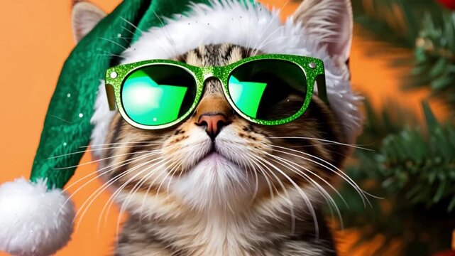 Cute brown tabby kitten celebrating Christmas, wearing a festive green elf hat and sparkling green sunglasses on an orange background