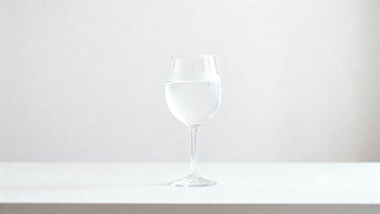 Fototapeta premium A clear wine glass filled with water placed on a white surface against a neutral background