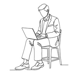 Elegant Business Man Sitting on Chair Working on Laptop Minimalist Line Art Illustration