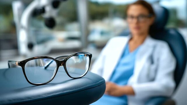 Health awareness concept &mdash; patient in ophthalmologist&rsquo;s chair, reflecting on new prescription, glasses in focus, with copy space.
