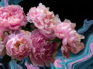 Cluster of Pink Peonies on a Dark Background with Flowing Teal and Pink Abstract Swirls - Contemporary Floral