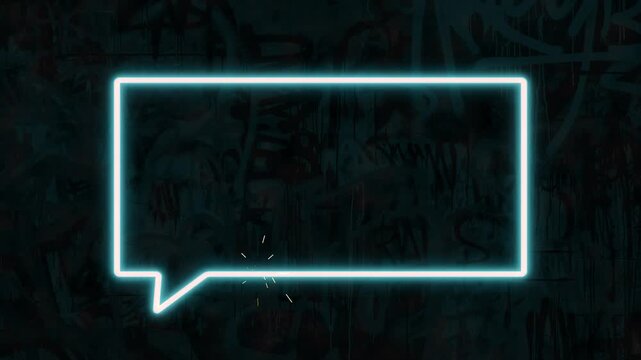 A seamless turquoise speech bubble neon frame with spark effects and graffiti wall featuring centered copy space, representing urban street style and neon inspired visuals.