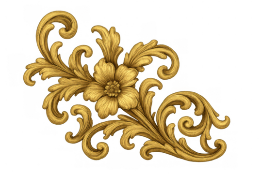 Golden floral baroque ornament with elegant filigree and acanthus scrolls, decorative vintage botanical design element
