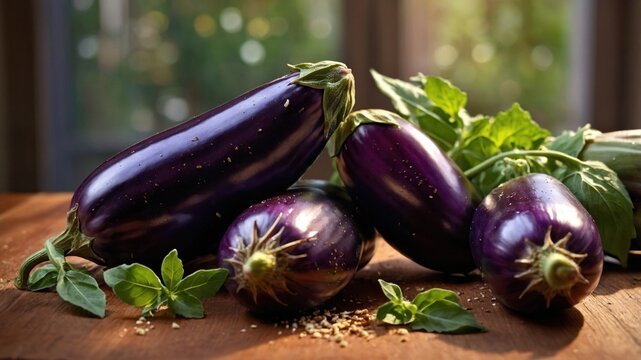 Freshly harvested eggplants arranged on a wooden table with herbs in a sunlit kitchen setting - Powered by Adobe
