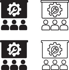 Isolated Workshop Icon Set, Black Vector Pixel Style, Gear and Meeting Symbol, Training and Learning Design, Minimal Workshop Icon, Business Education and Teamwork Vector for Buyers