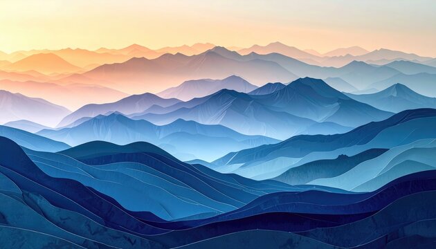 Dreamy, layered mountains cascade into the distance, fading from deep blues to gentle oranges in the sky above