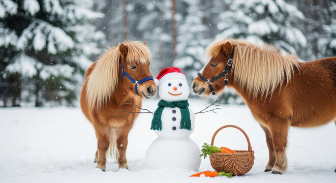 Two brown ponies interacting with a snowman wearing a santa hat beside a basket of carrots in a snowy winter forest
