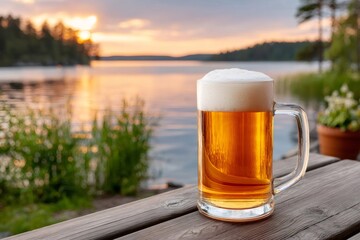 Beer mug on wooden pier watching sunset over lake