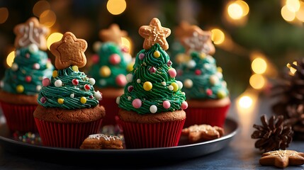 Christmas Tree Cupcakes with Star Cookies and Festive Sprinkles