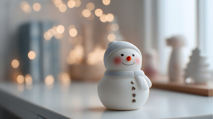 Cute Snowman Figure on White Desk with Bokeh Lights
