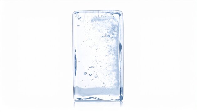 Clear rectangular ice cube with bubbles on white background, perfect for cooling drinks and beverages. Studio shot with reflection.