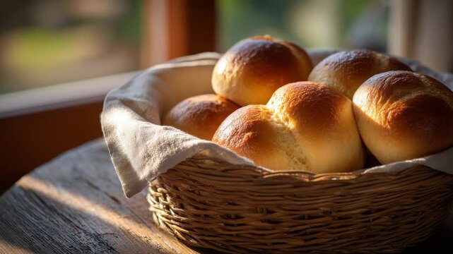 Basket Of Golden Brown Dinner Rolls In A Woven Basket On A Weathered Wooden Table Under Warm Sunlight With Soft Shadows, Rustic Bakery Scene Showcasing Freshly Baked Buns And Homely Comfort Warm