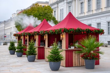 Christmas market stalls with steam and festive decorations