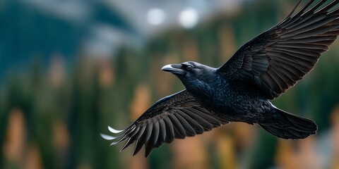 A black bird flying through the air with its wings spread