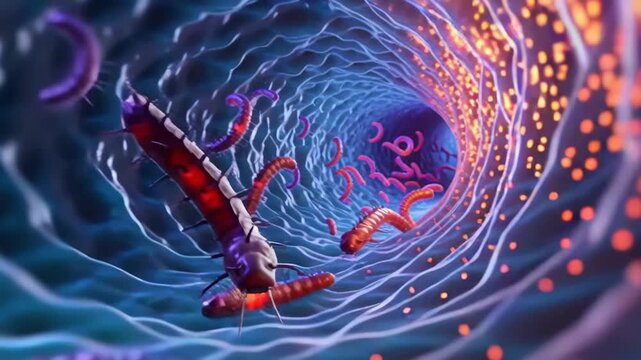 Microscopic View of Colorful Hookworms and Microorganisms, Showcasing Intricate Movement and Anatomy in Vibrant Biological Environment