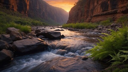 Serene river flowing through a lush canyon at sunset, surrounded by vibrant greenery and rocky cliffs