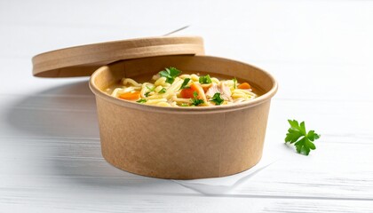 Brown cylindrical kraft paper food container with sealed lid on white wooden surface